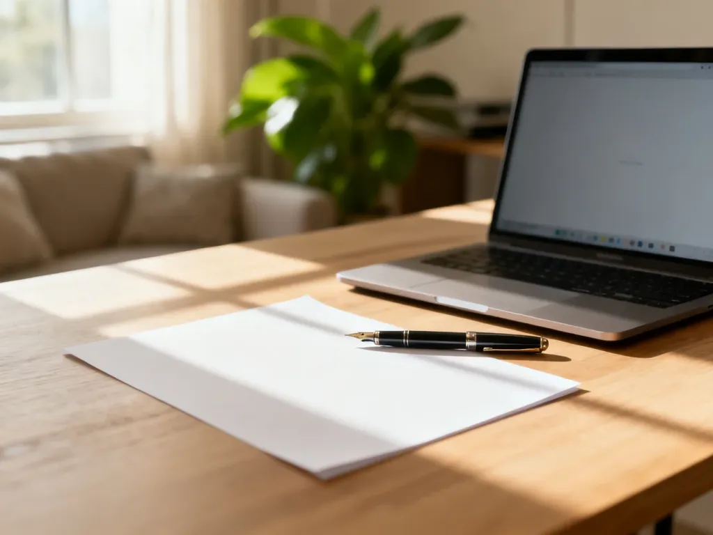 Czysta kartka papieru i laptop na biurku, symbolizujące gotowość do napisania pierwszego CV.