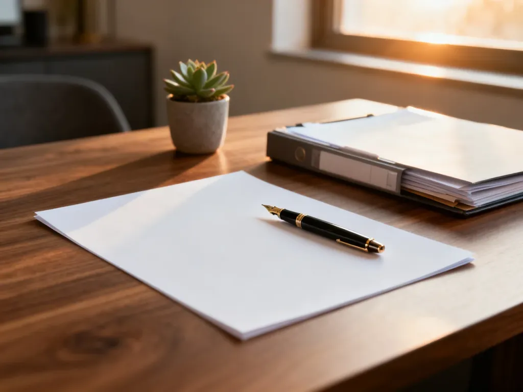 Czyste biurko z piórem i pustą kartką papieru, przygotowane do napisania dokumentu w domowym biurze.