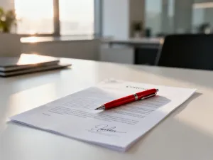 Uporządkowane biurko z CV, piórem i kawą, symbolizujące profesjonalne przygotowanie do procesu rekrutacji.