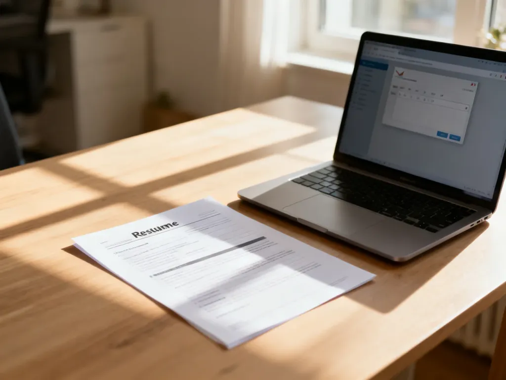 Profesjonalnie przygotowane CV leżące na biurku obok laptopa z otwartym oknem edycji wiadomości e-mail.