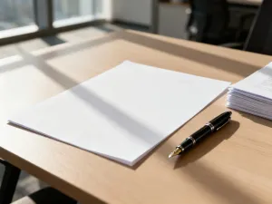Wieczne pióro na czystej kartce papieru i koperta na biurku, przygotowane do napisania wniosku o rozwiązanie umowy.