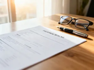 Eleganckie stanowisko pracy z laptopem, notatnikiem i piórem, sprzyjające tworzeniu profesjonalnego CV.