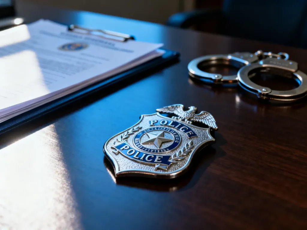 Lśniąca odznaka policyjna na biurku obok kajdanek i dokumentów, symbolizująca profesjonalizm i służbę w policji.